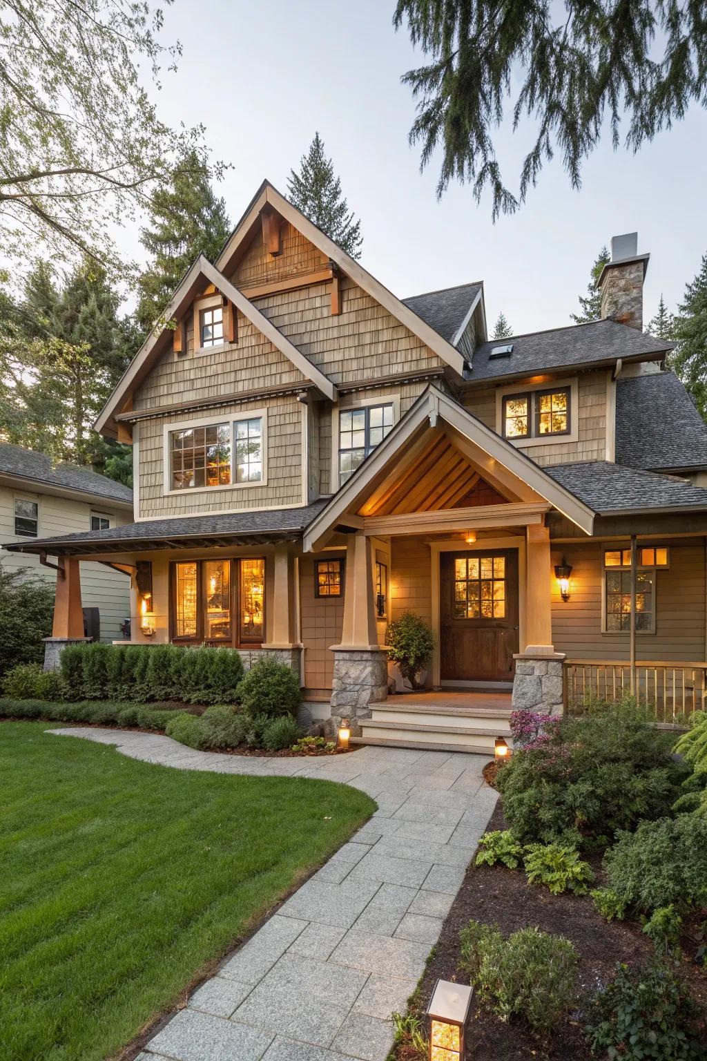 A house featuring shake accents on the gables and entryway.
