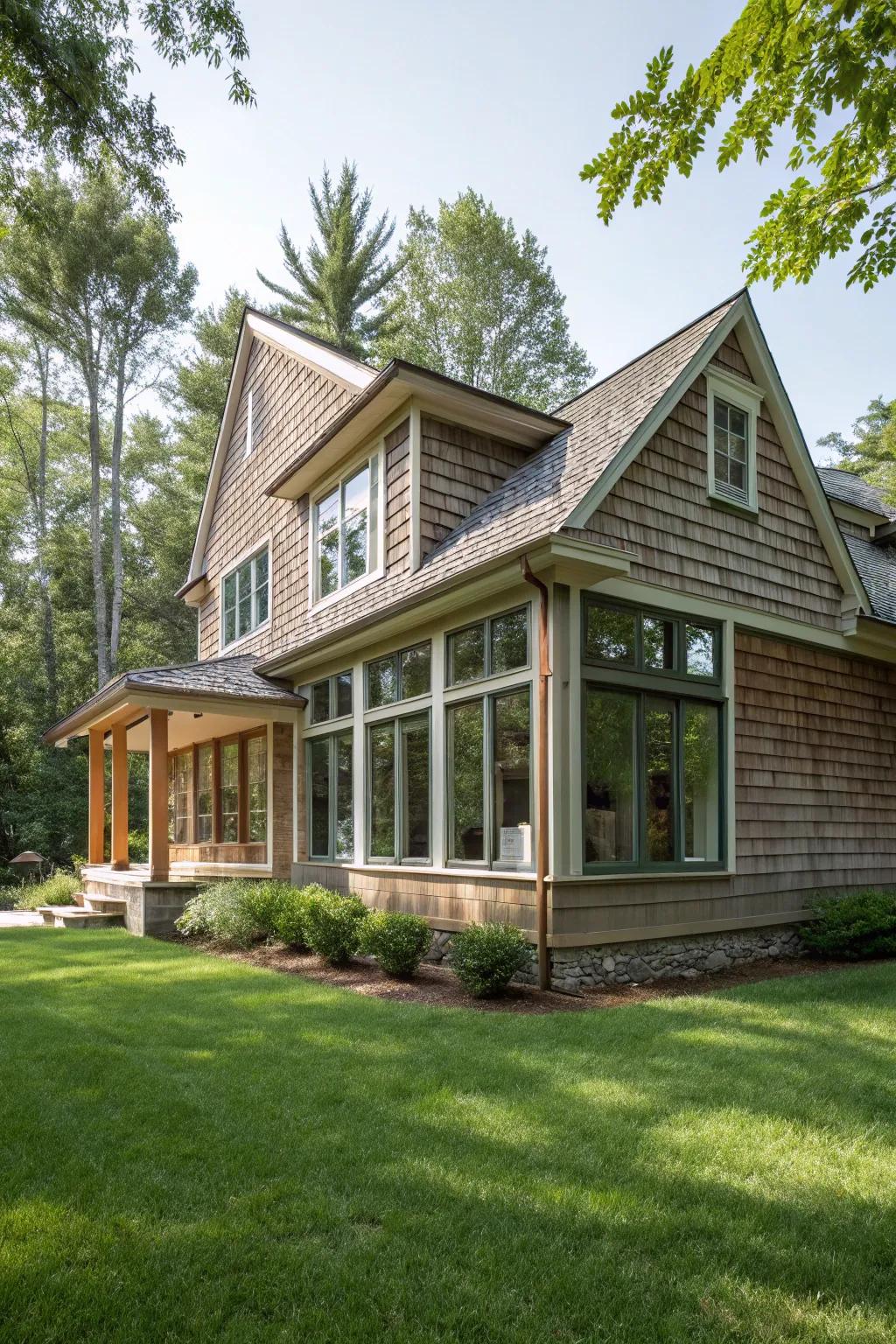 A house with shake siding and large windows, embracing natural light.