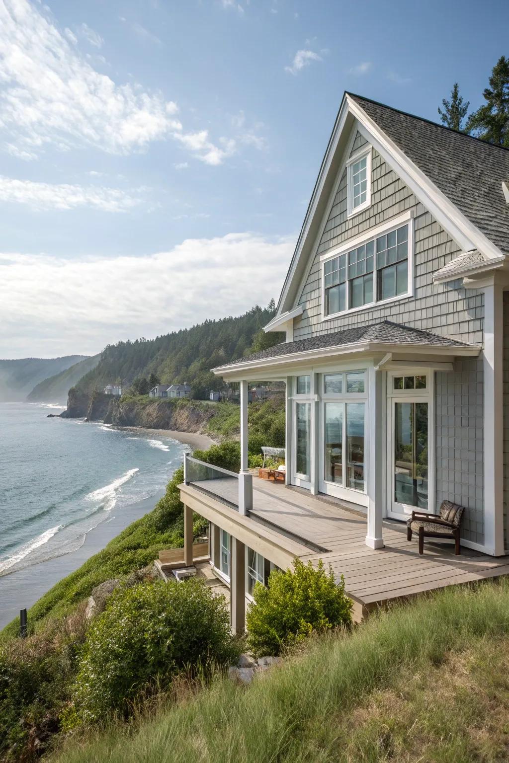 A coastal-style house with light gray shake siding overlooking the ocean.
