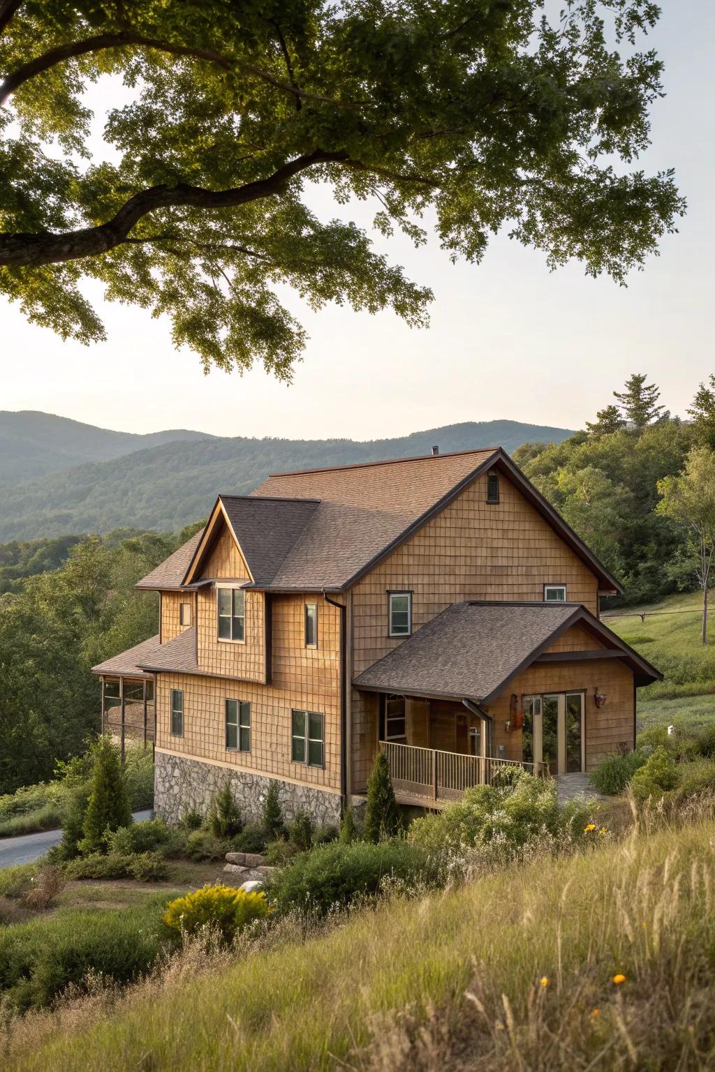 A house with shake siding in earthy tones, harmoniously nestled in nature.