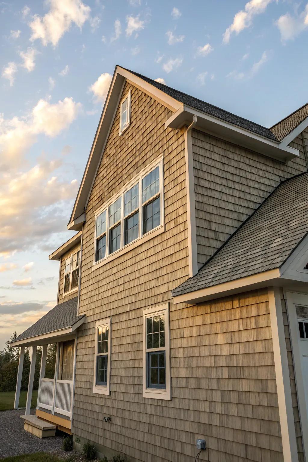 A house with synthetic shake siding, offering the look of natural wood.
