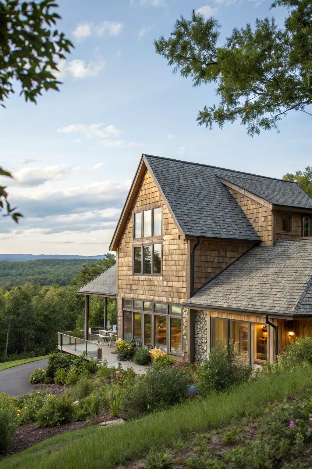A sustainably designed house with eco-friendly shake siding, showcasing style and responsibility.