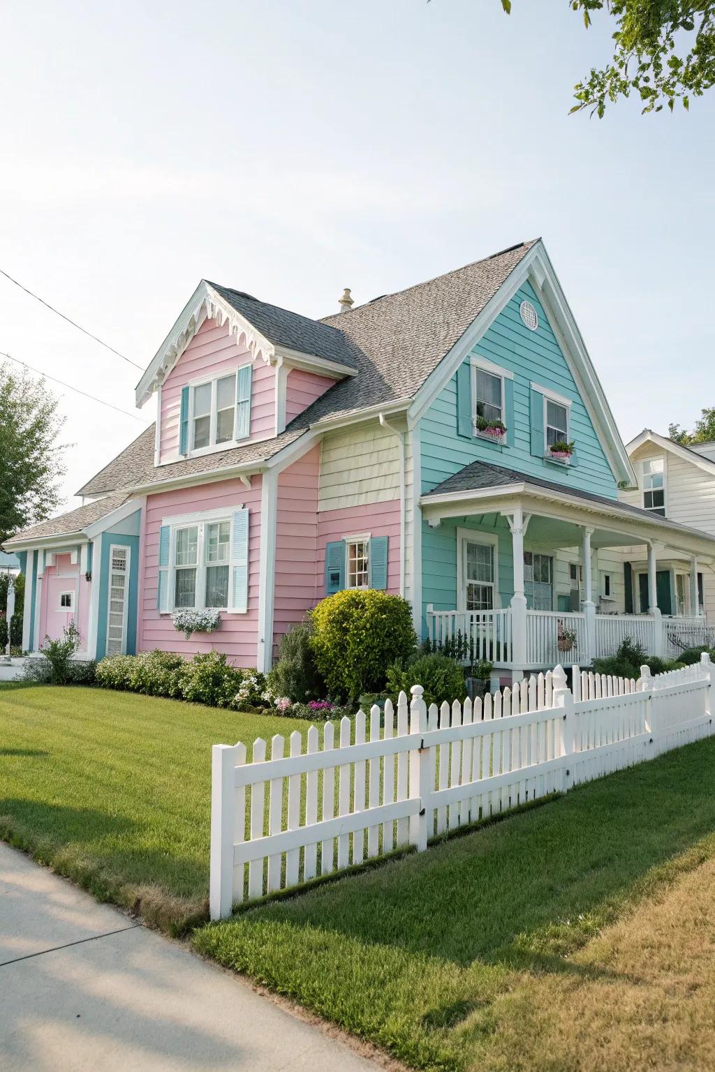 A house with whimsical pastel-colored shake siding, adding a playful touch.