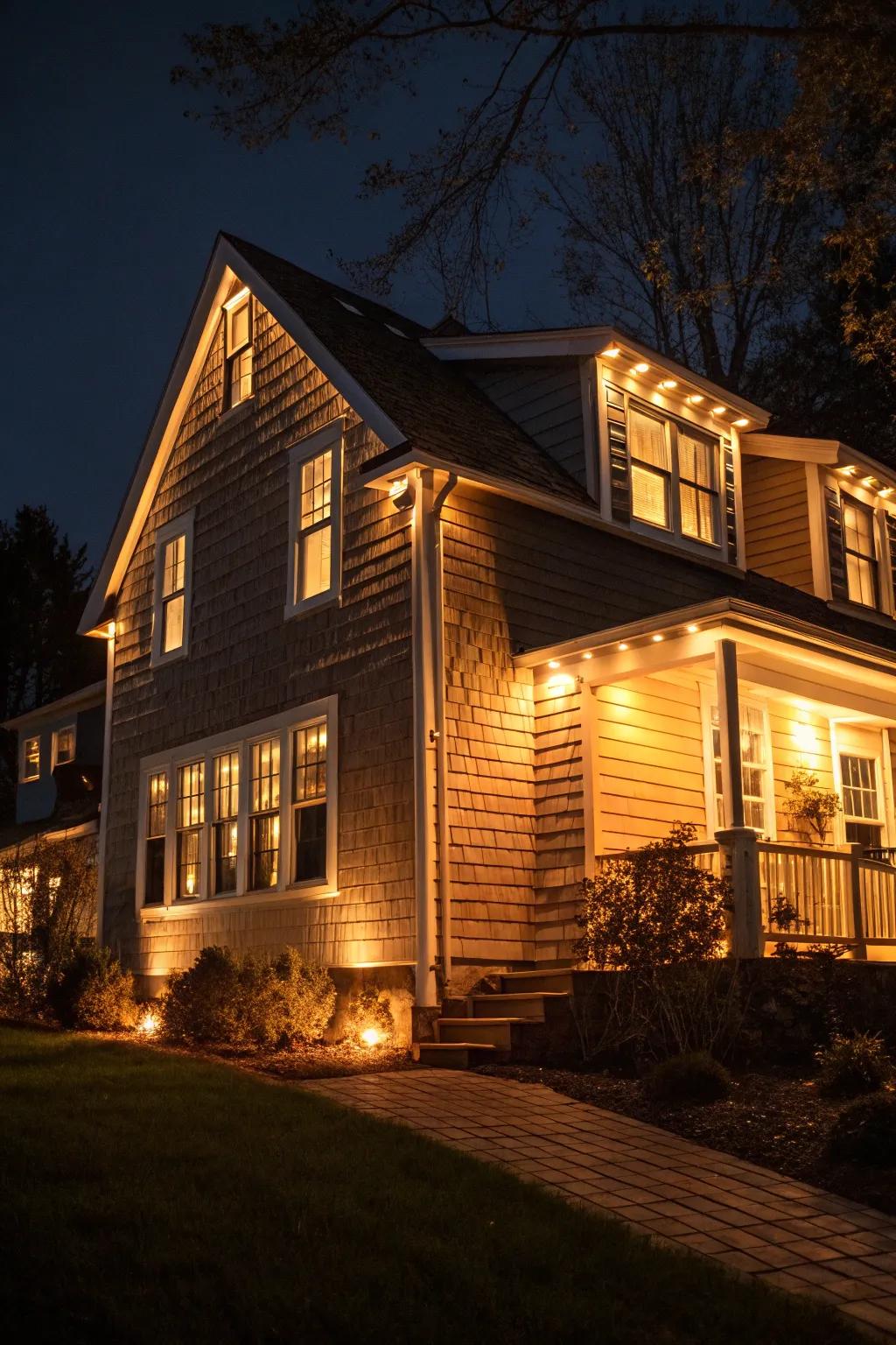 A house with shake siding beautifully illuminated by warm exterior lights.
