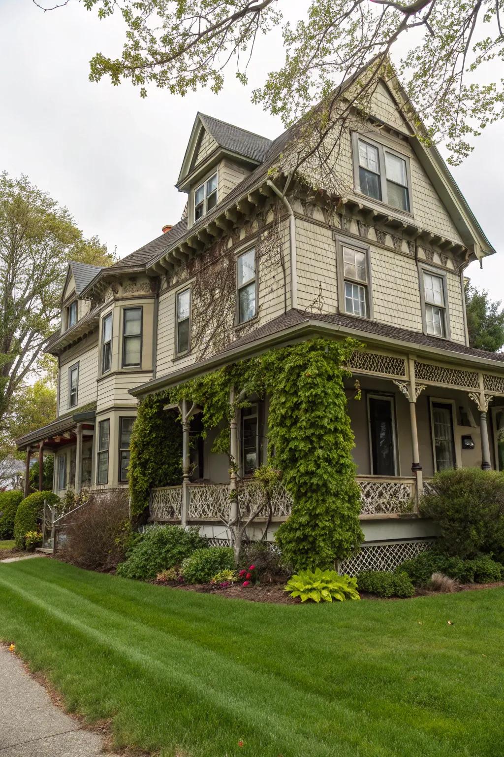 A vintage-style house with shake siding and ornate trim details.