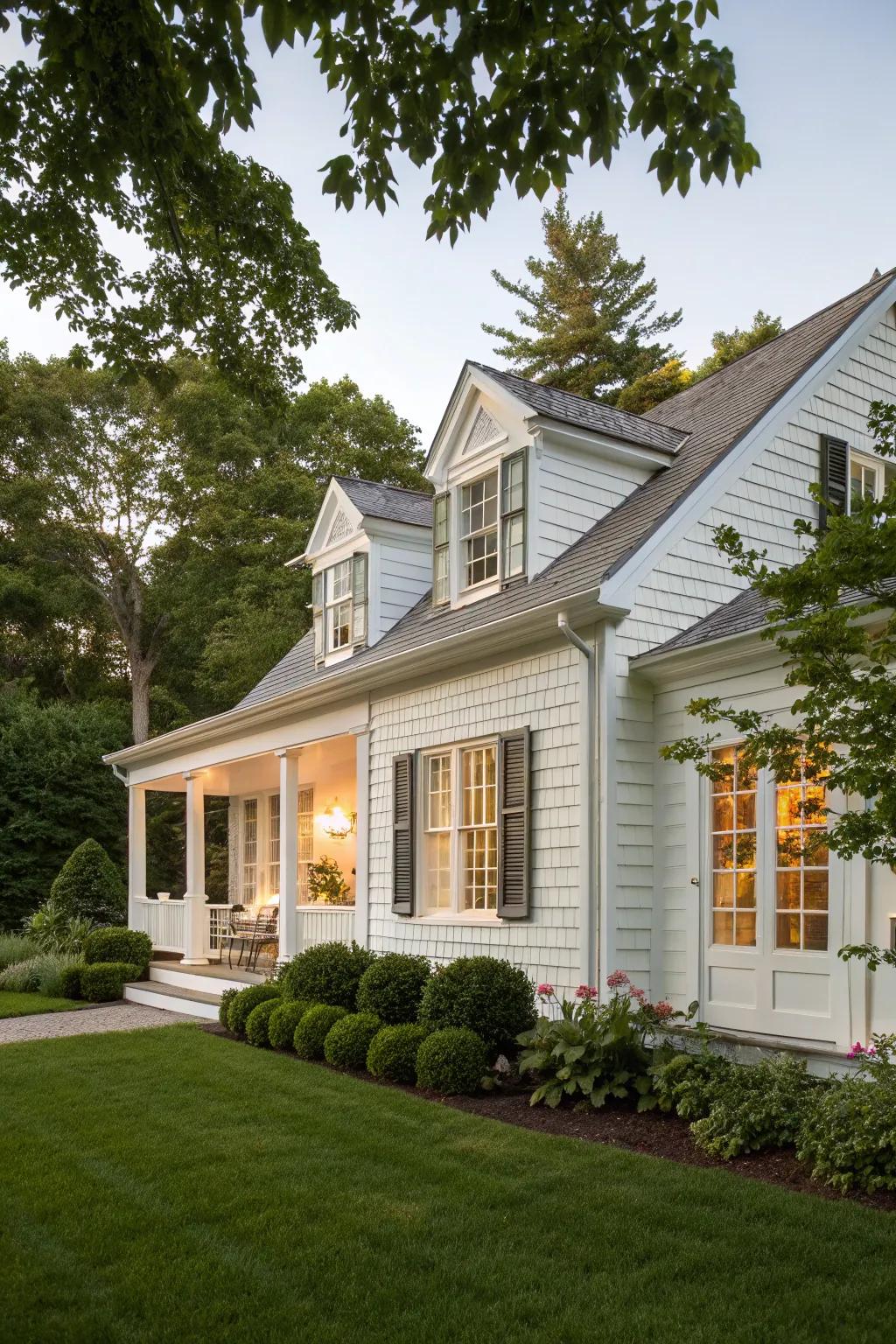 A cottage-style house with white shake siding and charming shutters.