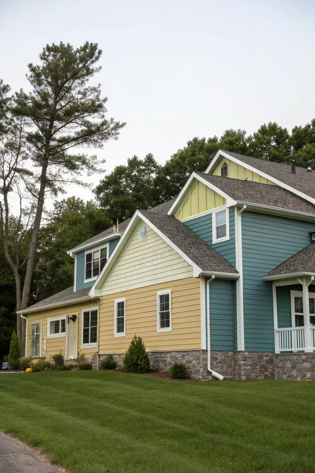A house with two-tone shake siding, offering a unique visual dimension.