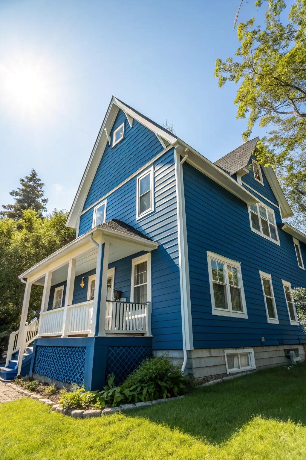 A striking house with deep blue shake siding, radiating vibrancy.