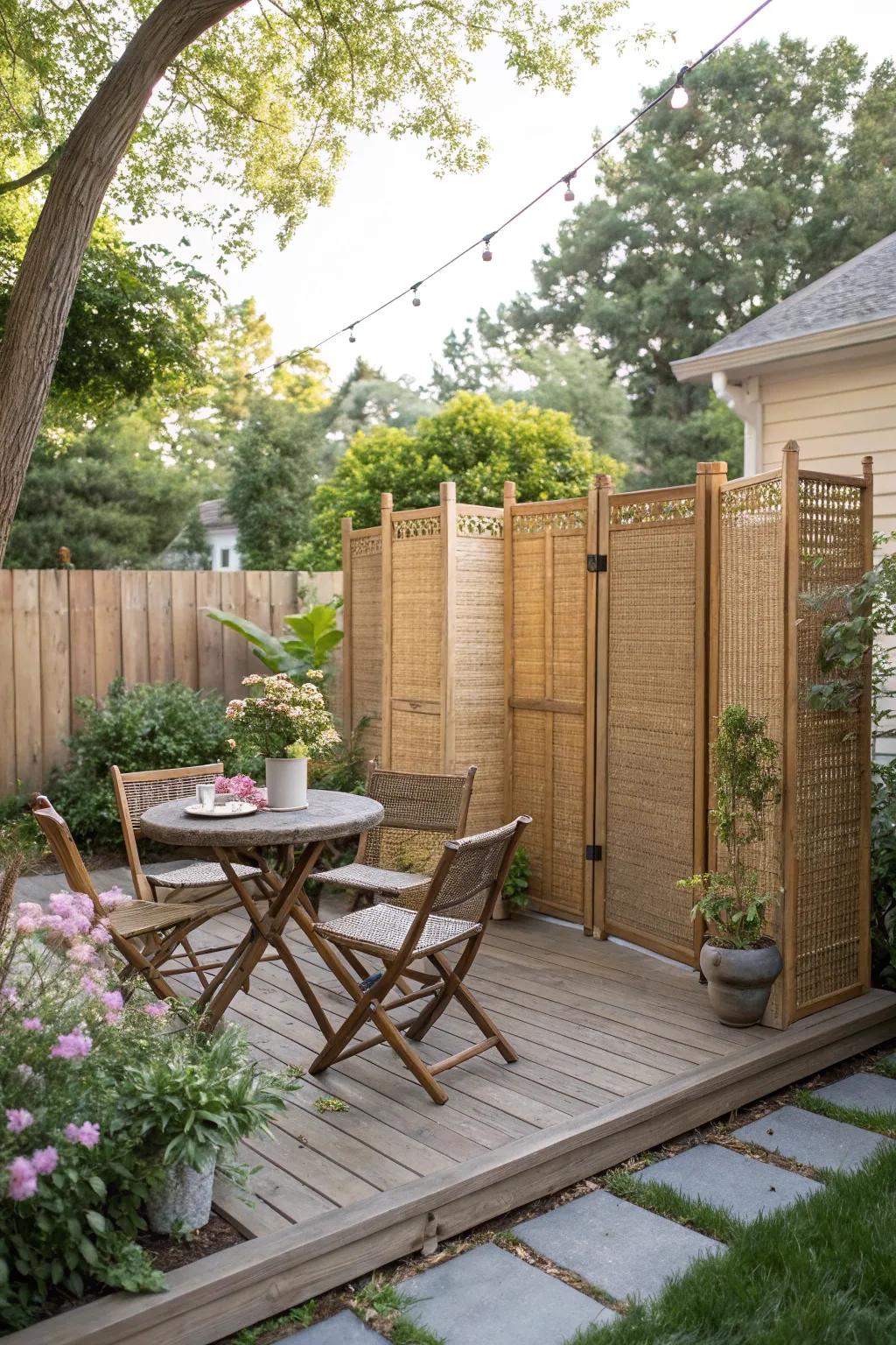 Wicker screens add texture and warmth to outdoor spaces.