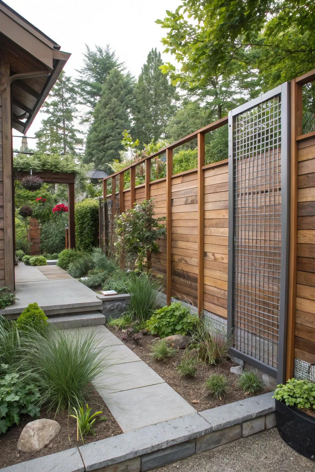 Mixing materials creates a dynamic privacy screen.