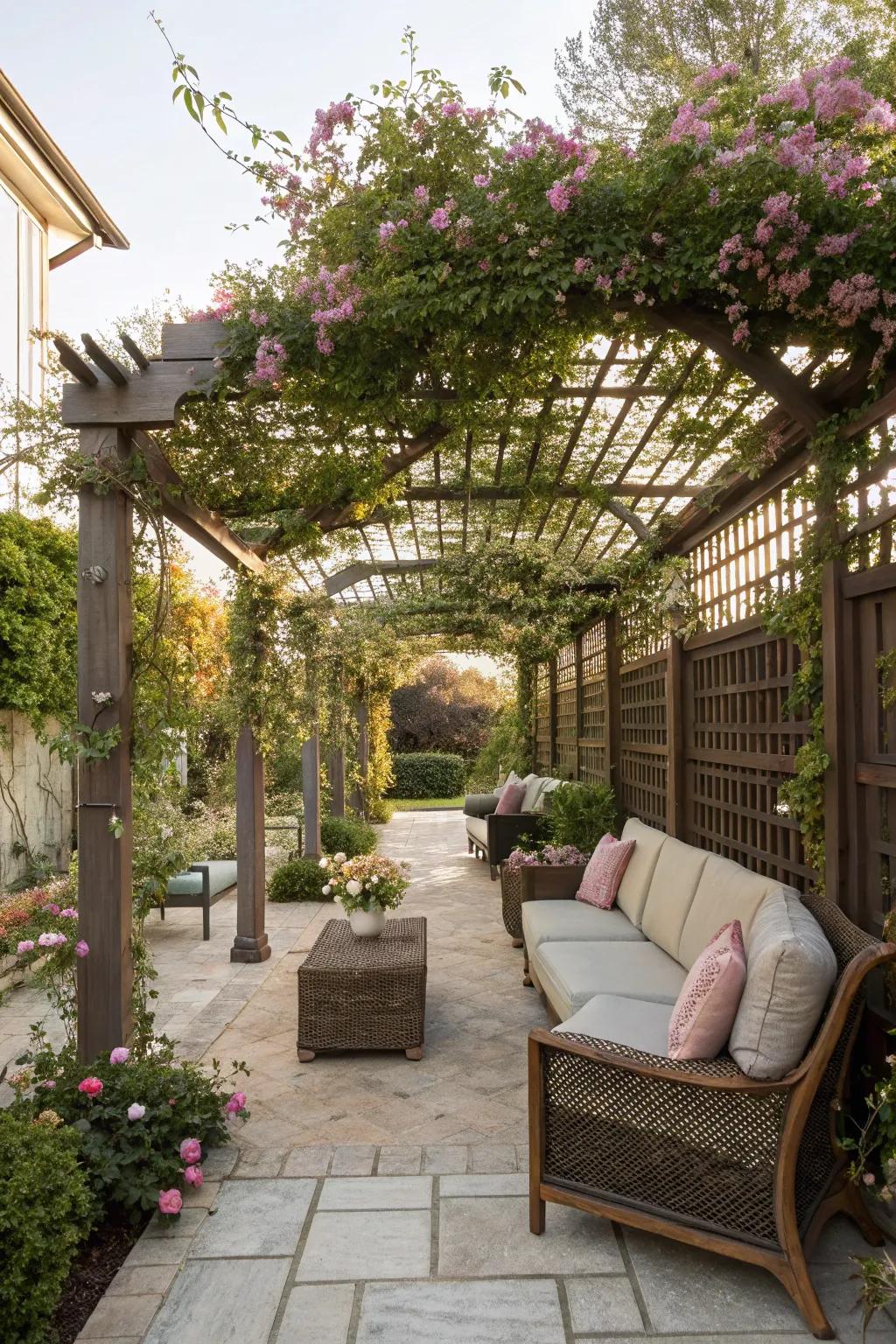 Pergolas with screens offer a cozy outdoor retreat.