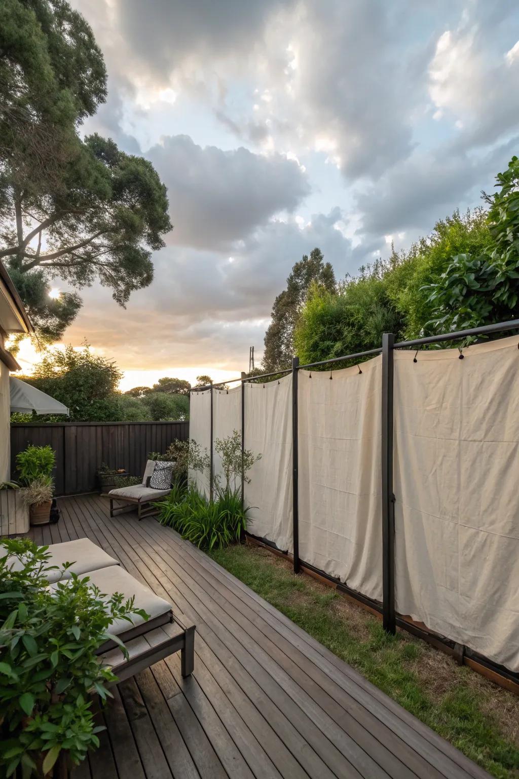 Canvas walls provide a structured yet soft privacy solution.