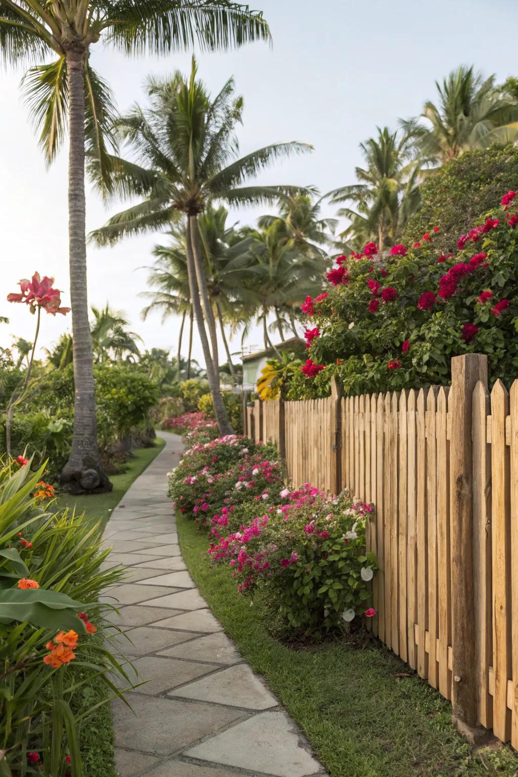 Vertical wooden slats create a modern yet tropical ambiance.