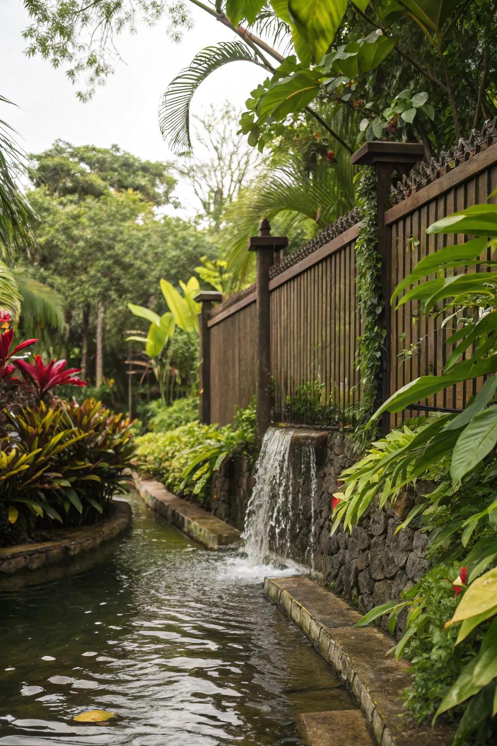 A water feature adds tranquility to a tropical fence.