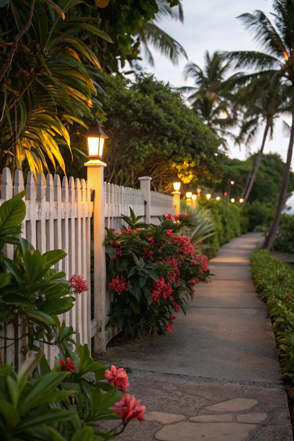 Subtle lighting enhances a tropical fence at night.