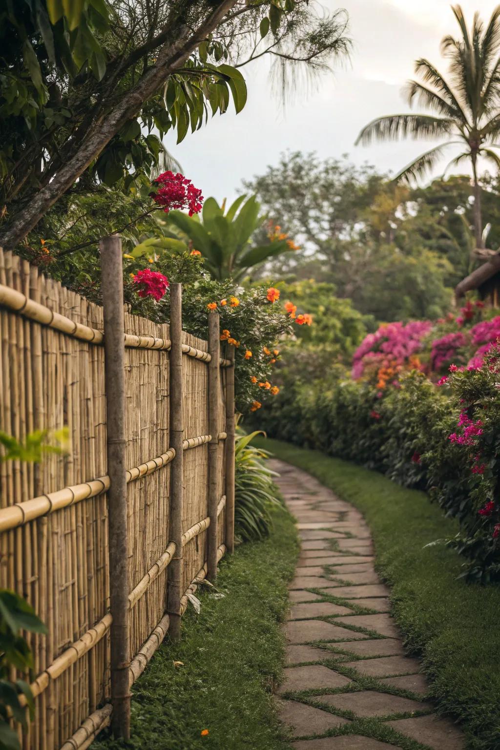 A charming bamboo fence that perfectly complements tropical plants.