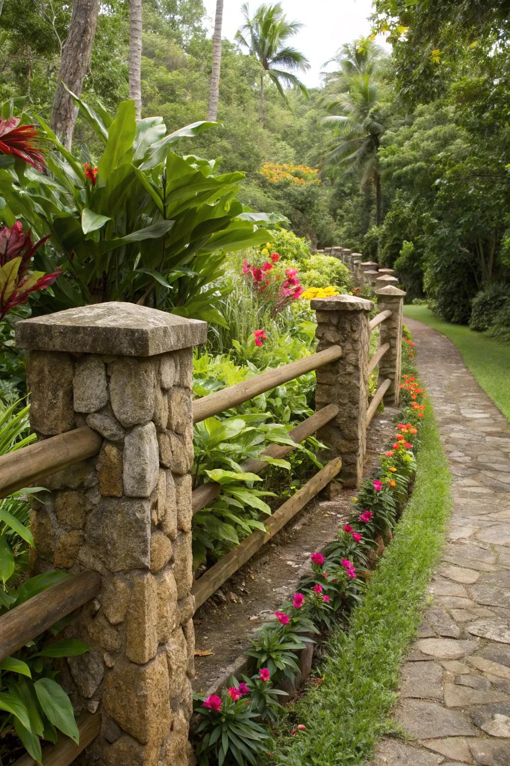 Stone and wood create a harmonious fence design.