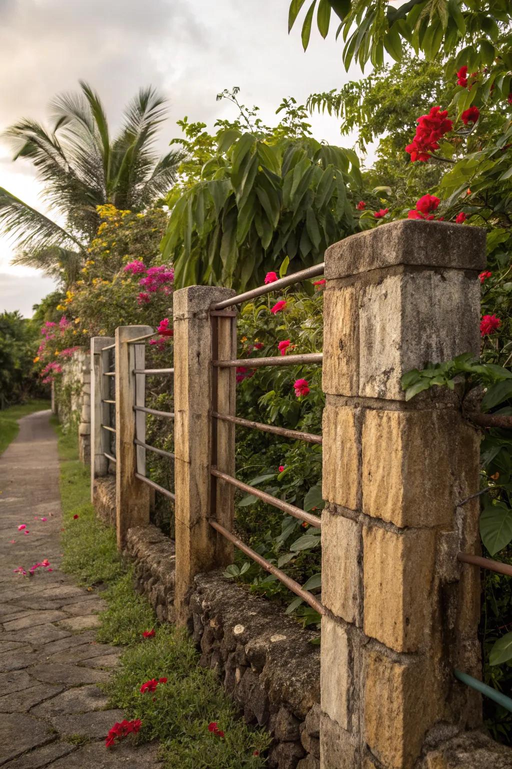 An eclectic mix creates a unique tropical fence.