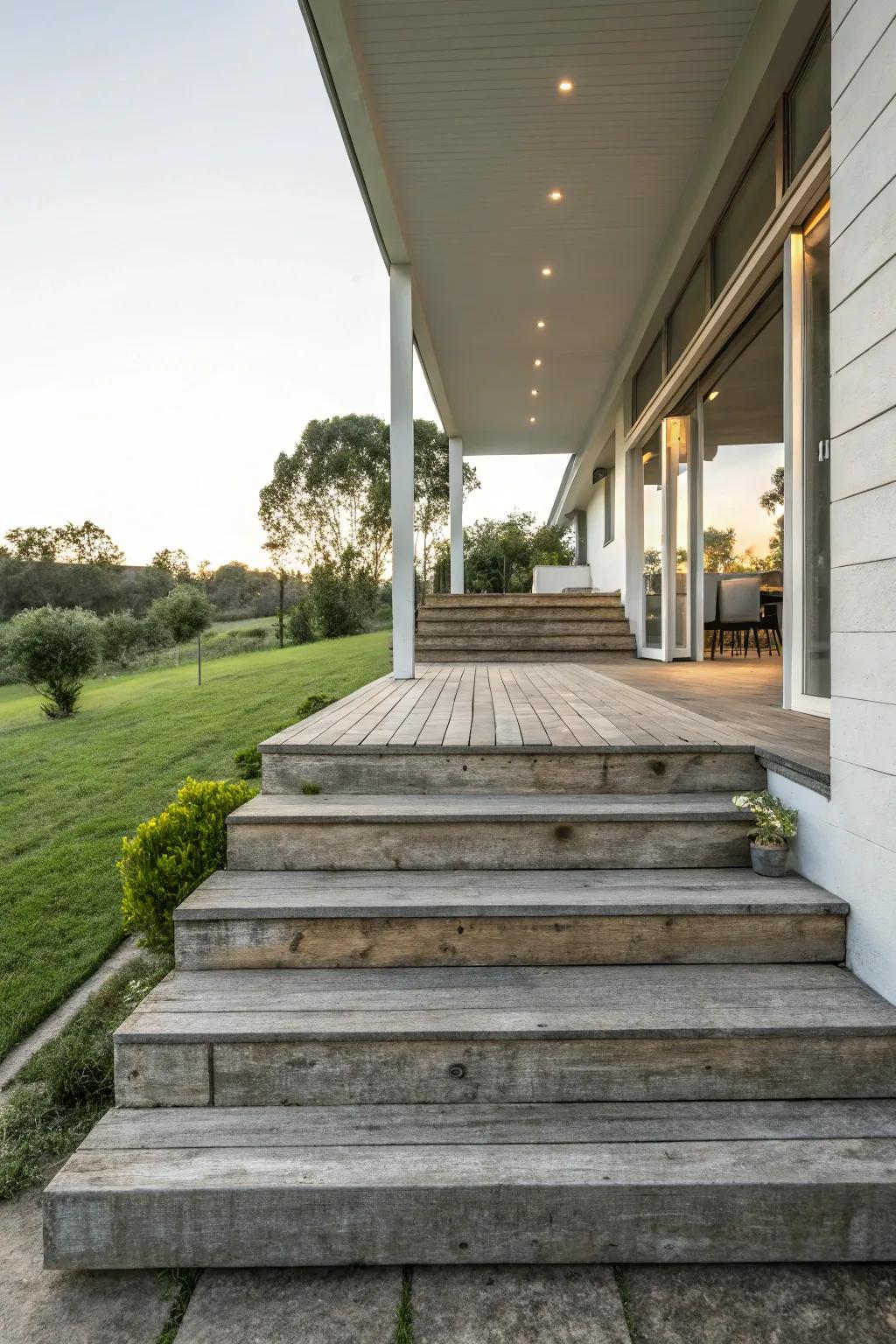 Staggered steps bring a dynamic and modern feel to your porch.