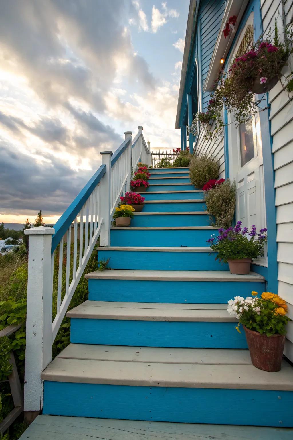 Contrasting colors on steps add a bold and playful touch.