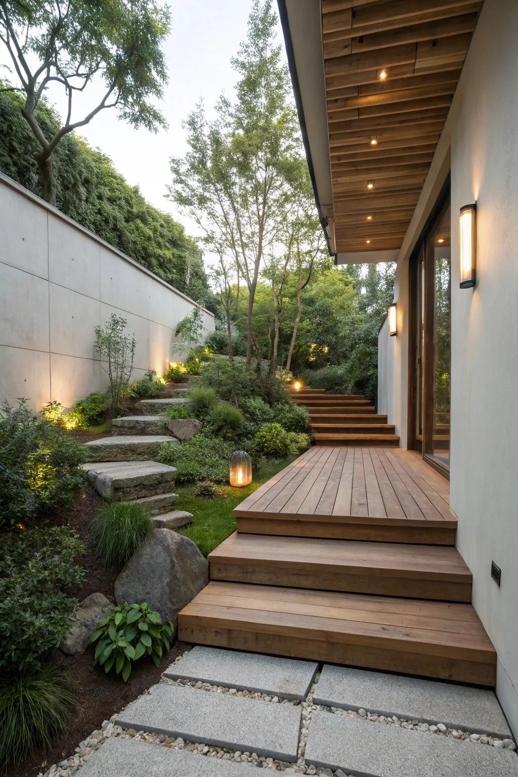Low profile steps create a smooth transition between outdoor spaces.