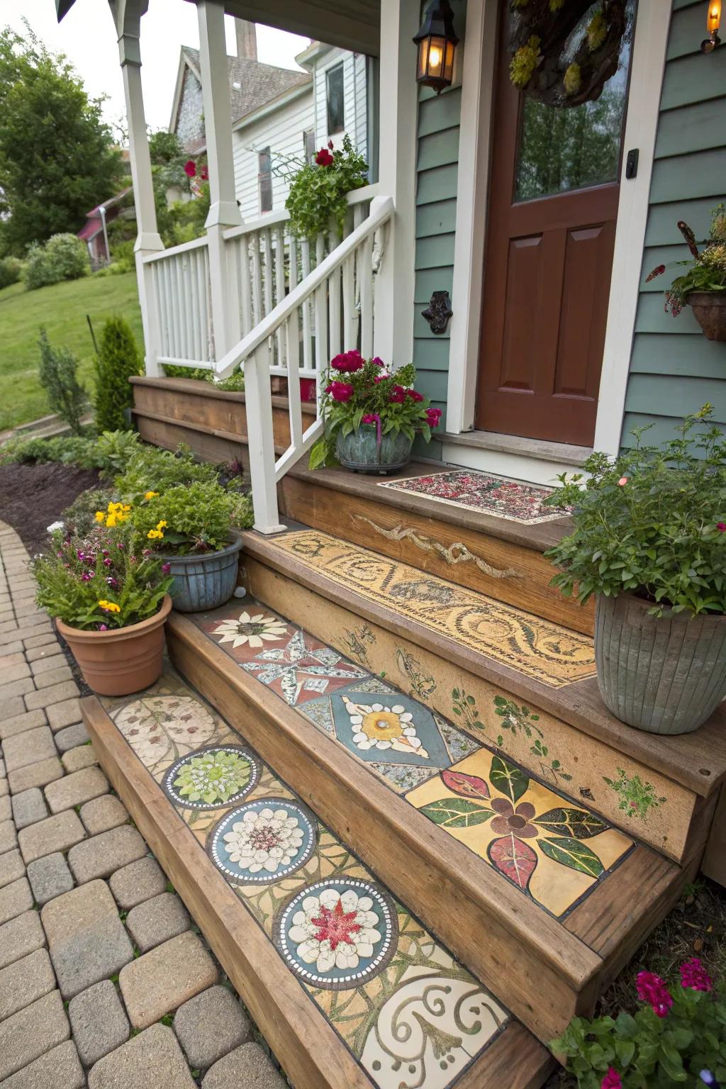 Mosaic steps turn your entrance into a vibrant masterpiece.