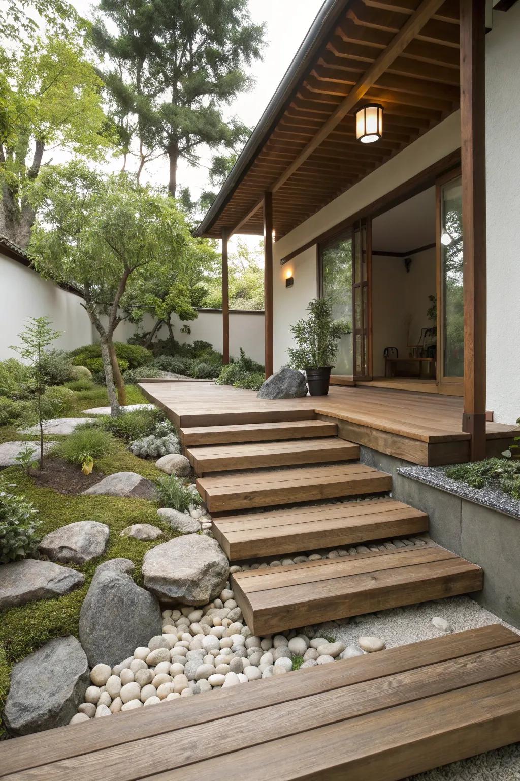 Zen garden steps offer a tranquil and harmonious entrance.