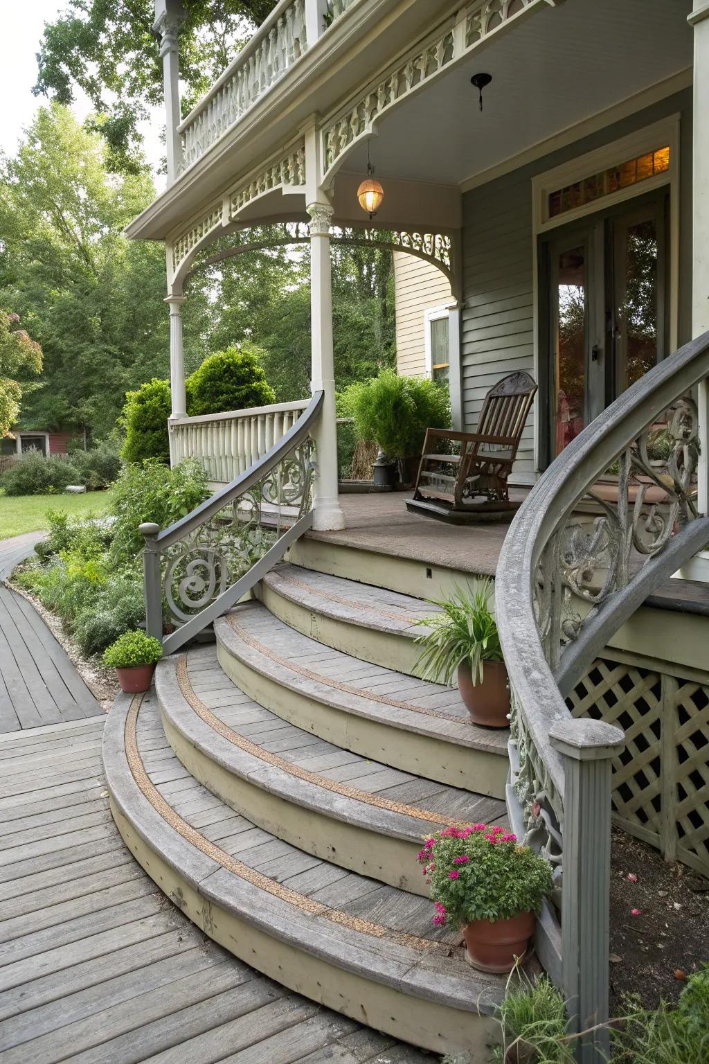 Curved steps add an elegant twist to traditional porch designs.