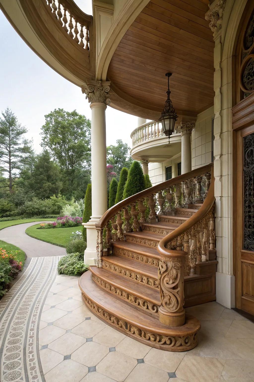 Spiral steps provide a graceful and elegant pathway to your home.
