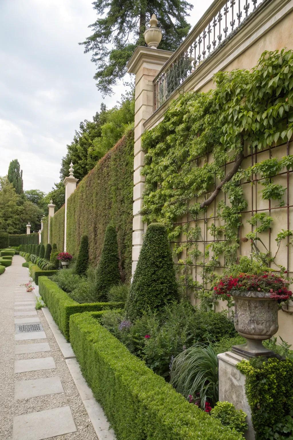 Vertical gardens add lush layers.