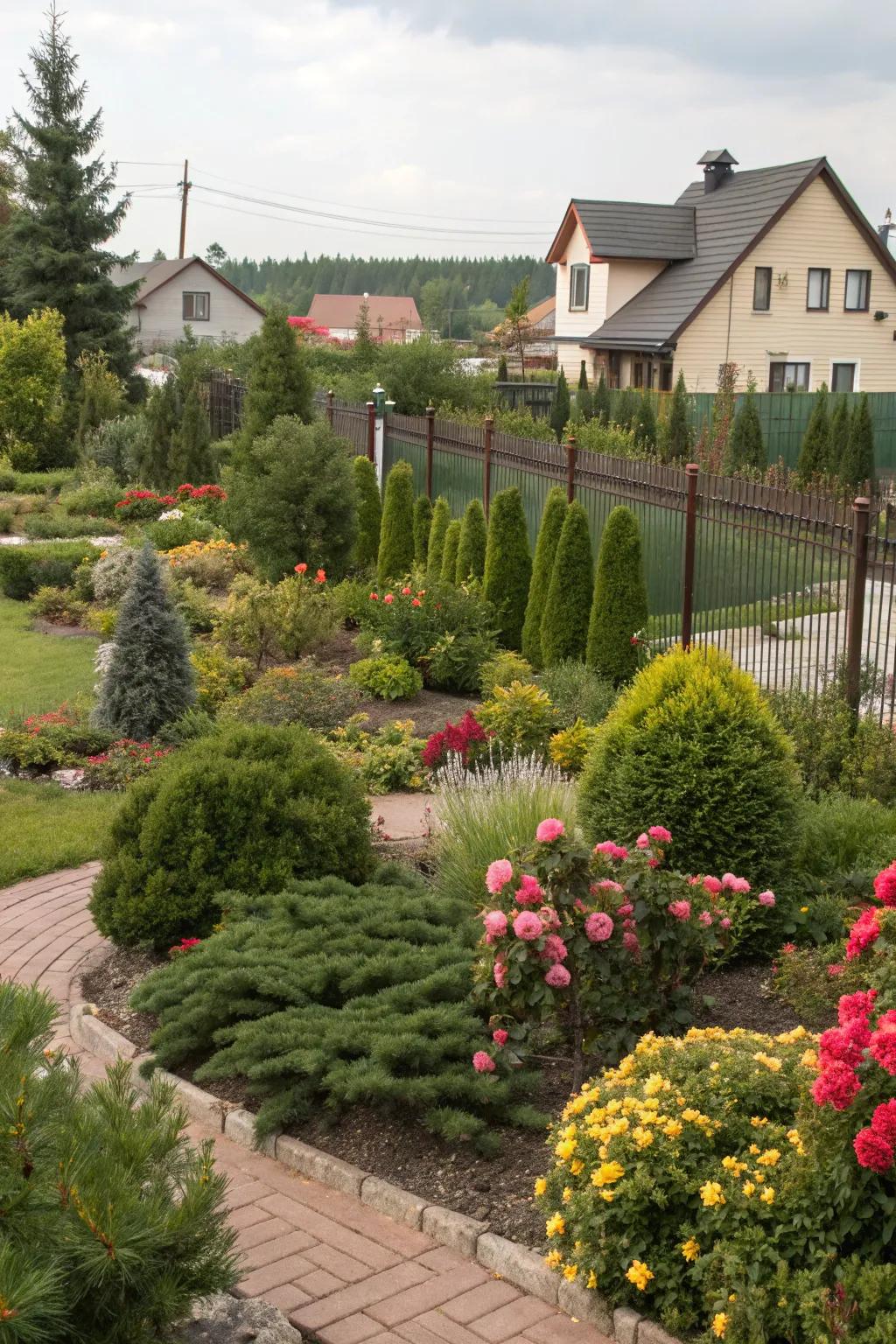 Evergreens provide structure, flowers add color.