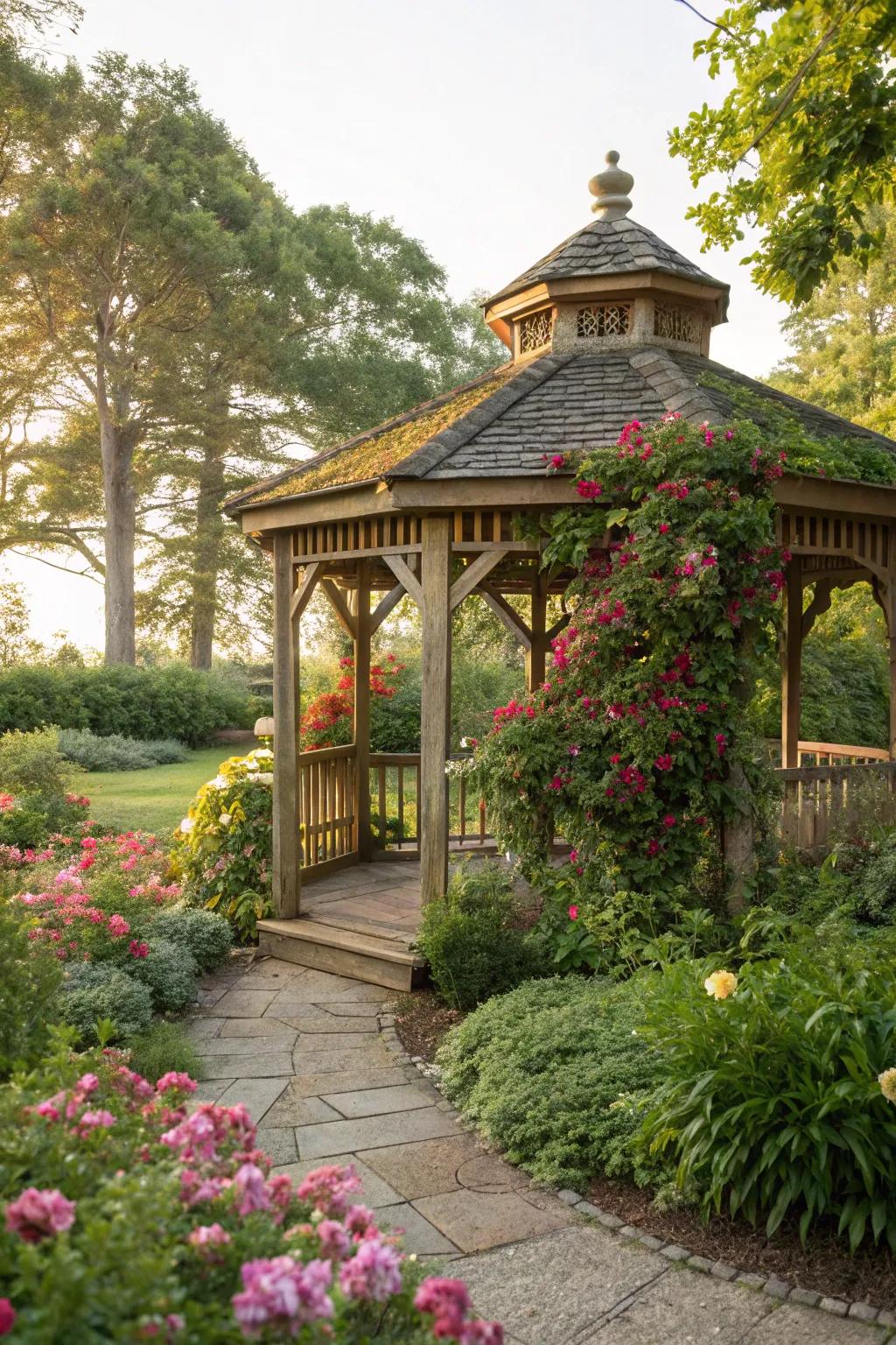 Natural wood tones create a harmonious blend with garden greenery.