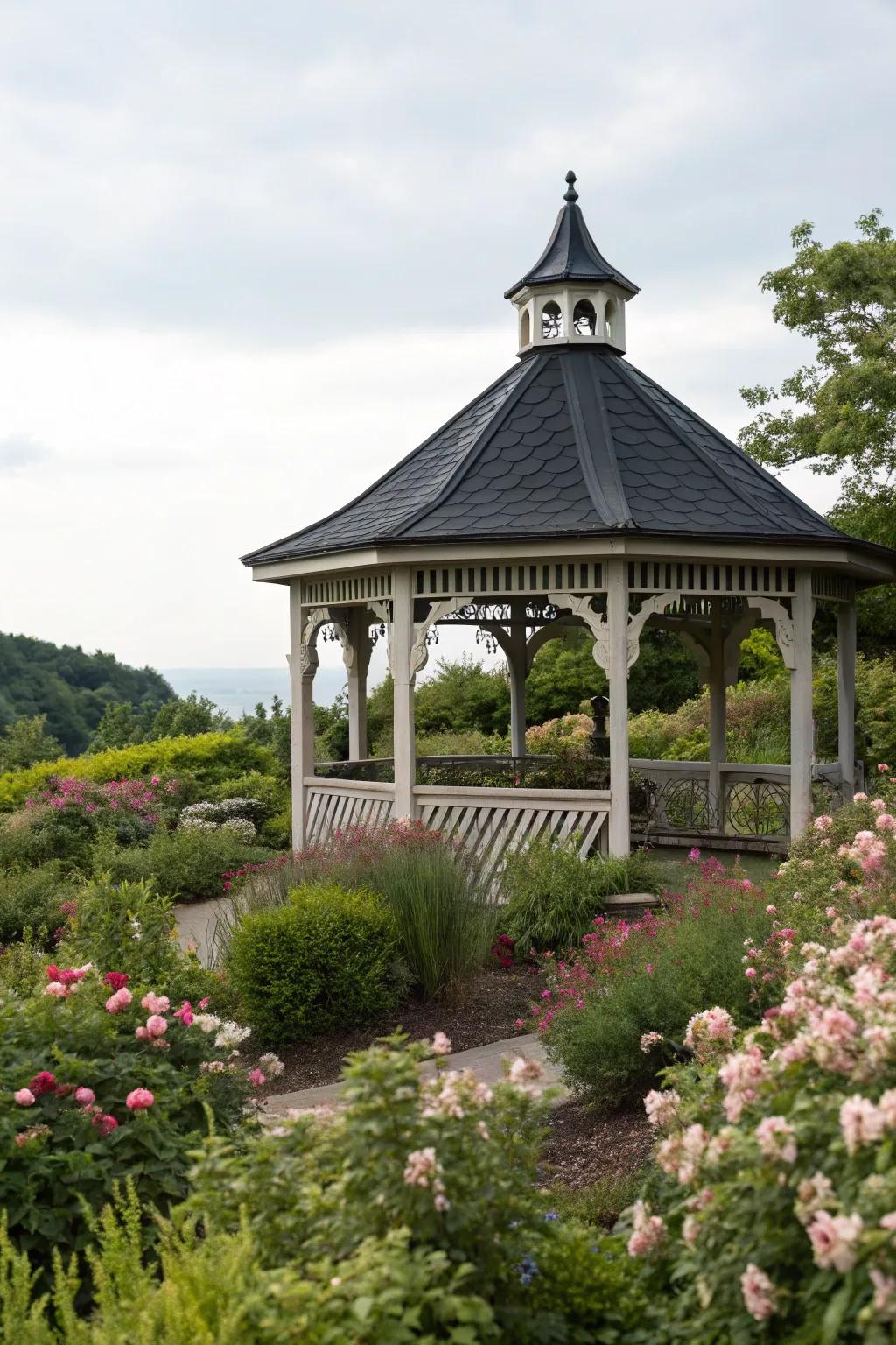 Contrasting roof colors add depth and visual interest.