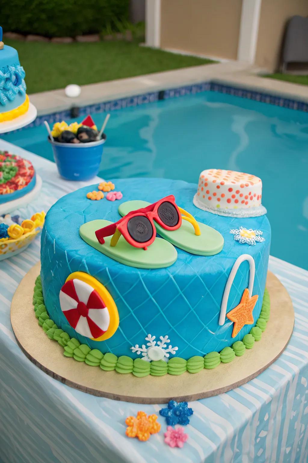 A themed cake adds a personal touch to the pool party.