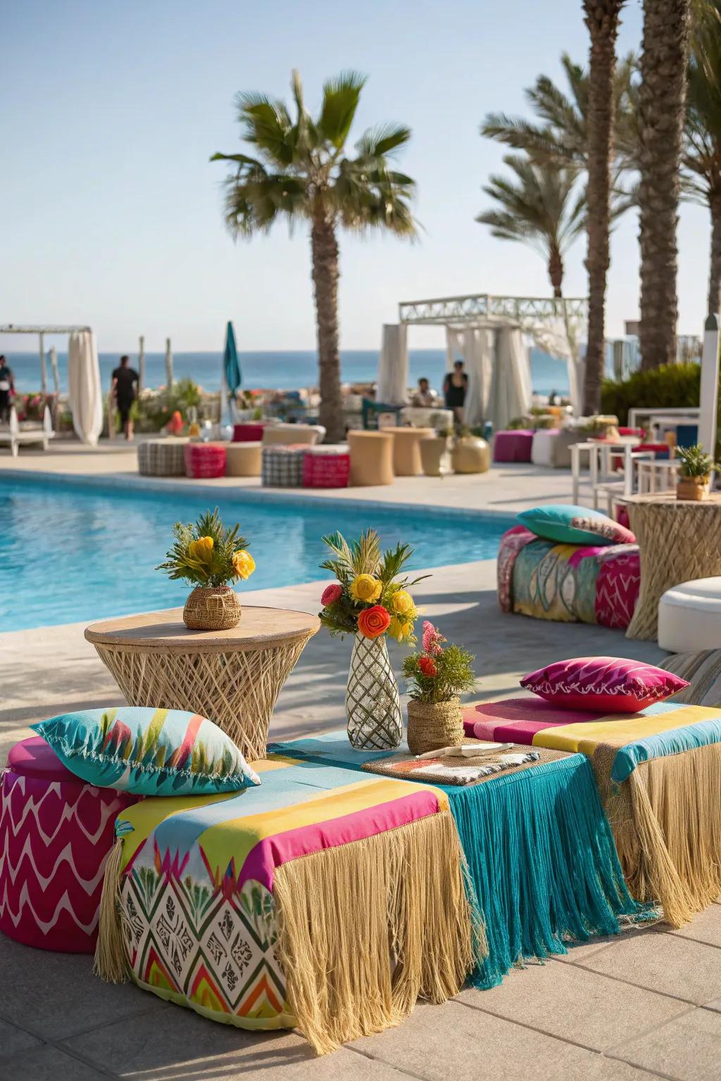 Create a cozy and inviting poolside setup with bright cushions and themed table decor.
