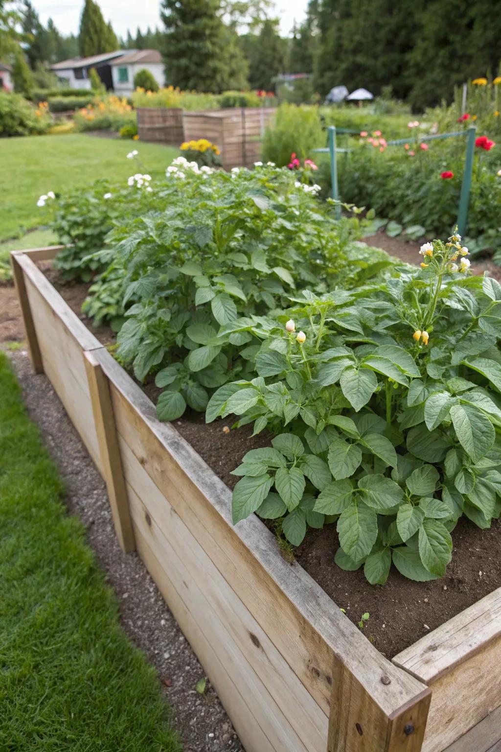 Potato plants thriving in a classic raised garden bed.