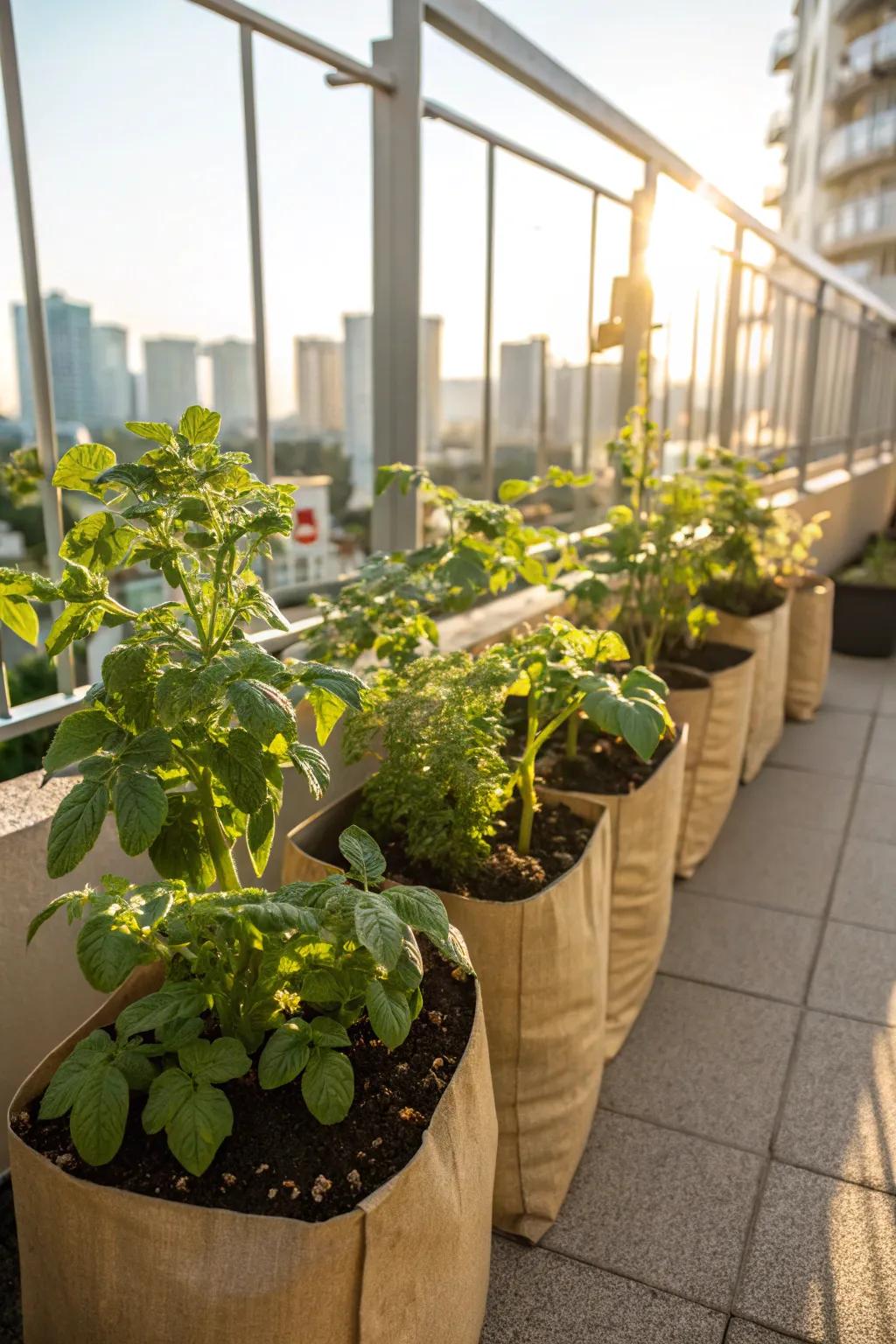 Portable grow bags ideal for urban potato gardening.