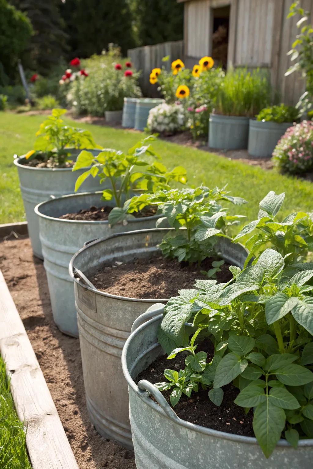 Upcycled containers bring sustainability to potato gardening.