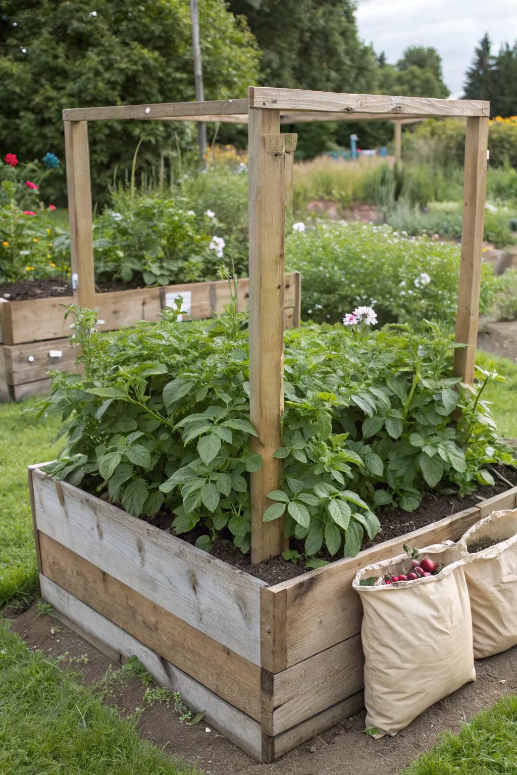 Neat and structured bag-in-a-frame potato gardening.