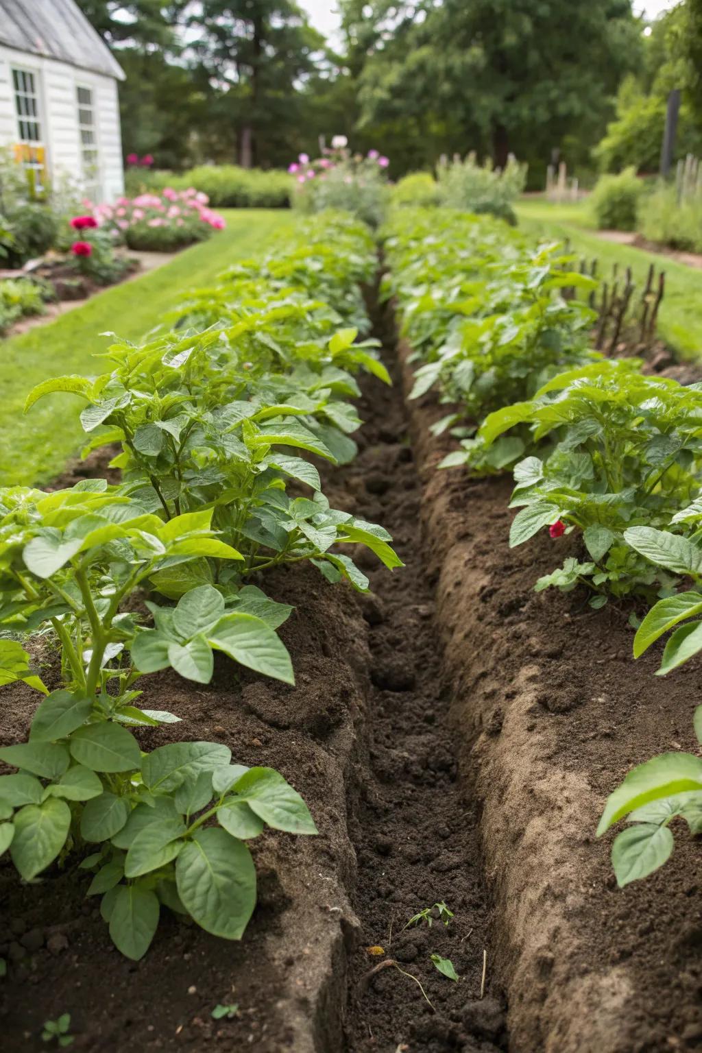 Simple yet effective trench method for potato planting.