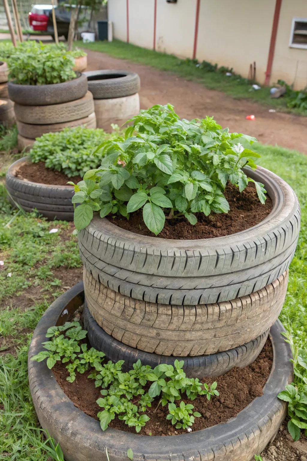 Creative tire stacks for vertical potato gardening.
