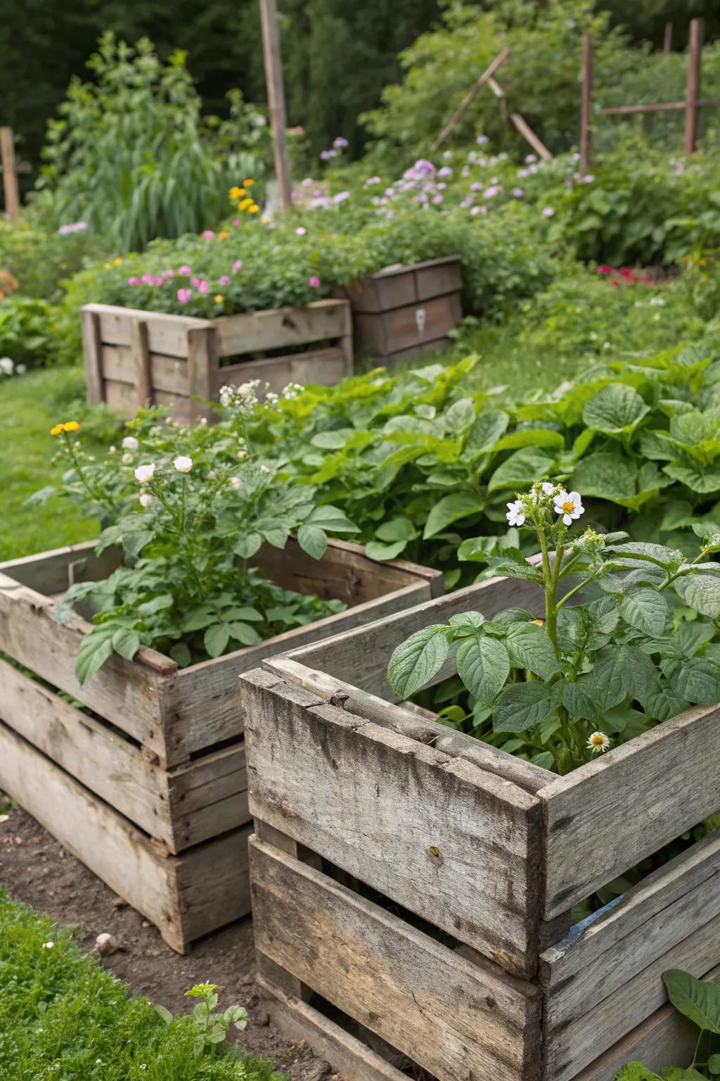 Charming wooden boxes repurposed for potato gardening.