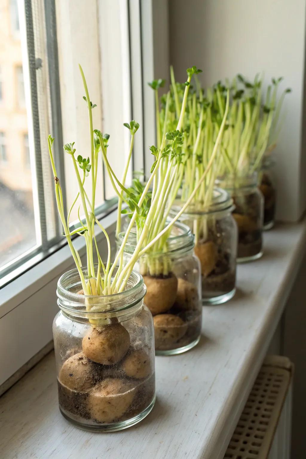 Engaging glass jar propagation for potato sprouts.