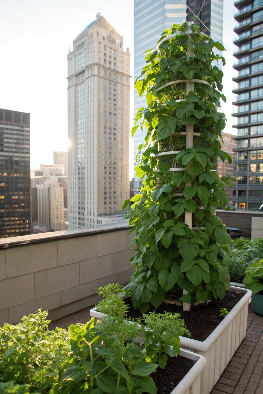 Vertical gardening towers making the most of urban spaces.