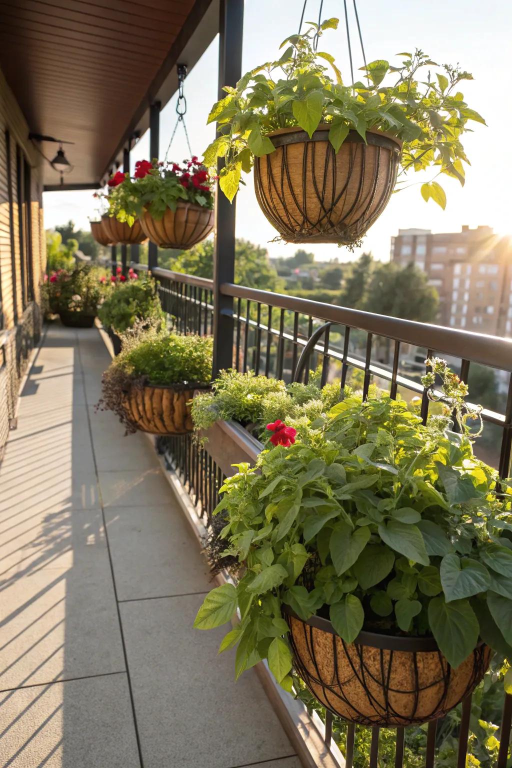 Space-saving potato gardening with hanging baskets.