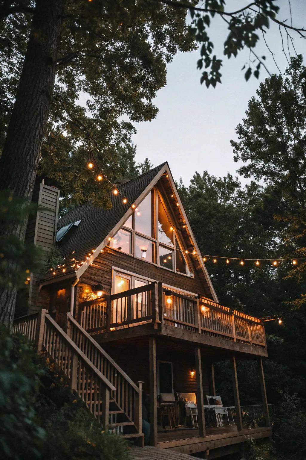 String lights transform an A-frame balcony into a starlit paradise.