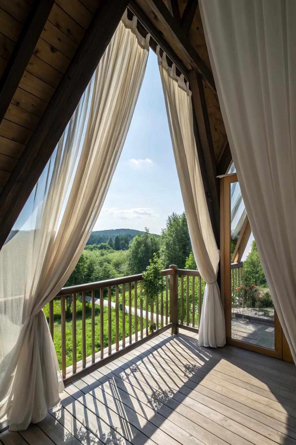 Outdoor curtains create a secluded retreat on a balcony.