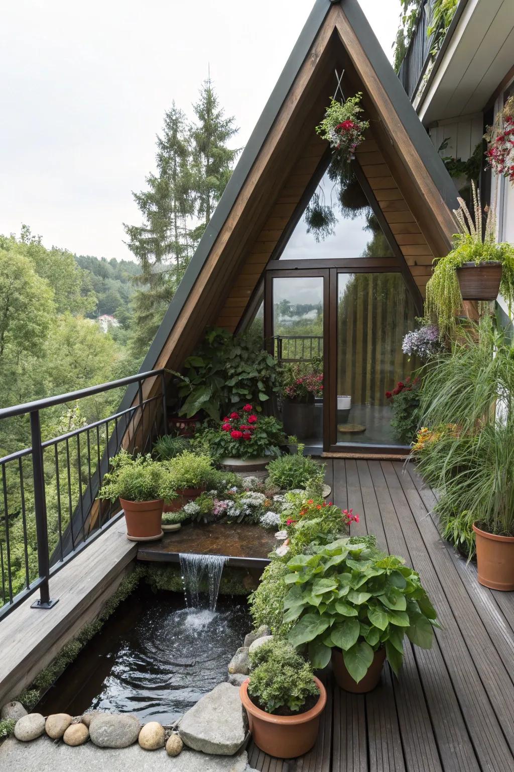 A water feature adds tranquility to an A-frame balcony.