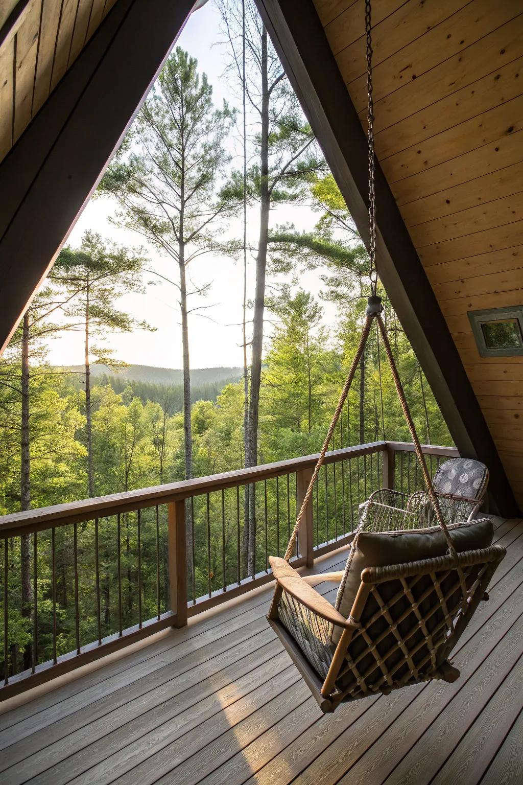 A swing chair adds a playful touch to an A-frame balcony.