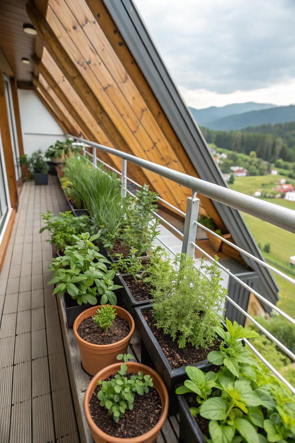 A mini herb garden offers fresh flavors from an A-frame balcony.